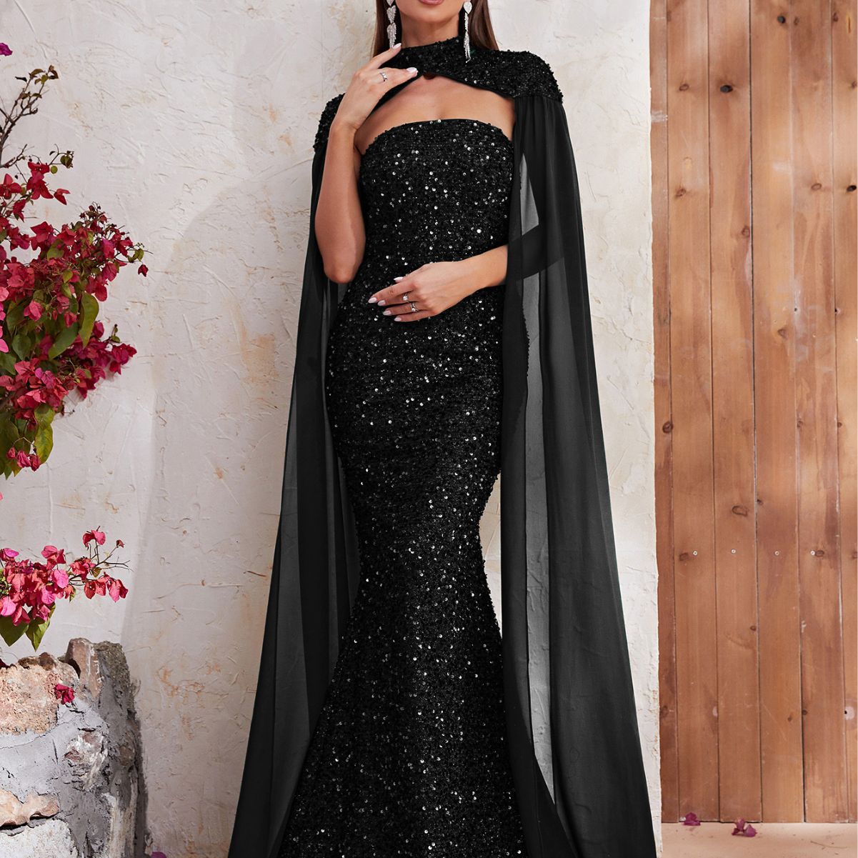 Buy Black Tulle Embellished Swarovski Cape Open With Gown For Women by  Dania Siddiqui Online at Aza Fashions.